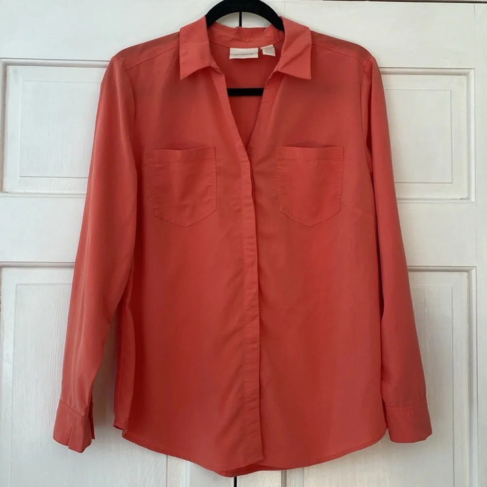 Chico’s Size 1 Solid Hidden Button Down Utility Blouse Coral Modal Chicos Medium